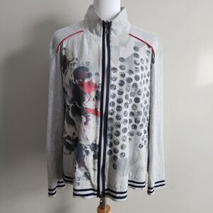 Betty Barclay Elements Zip Up Jacket Womens 14 Gray Floral Polka Dot Jersey Art